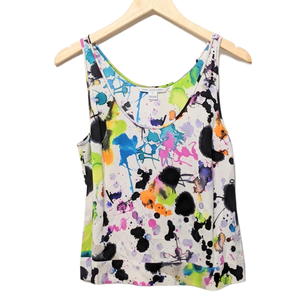 Diane Von Furstenberg White Multicolor Paint-Splash Tank Top